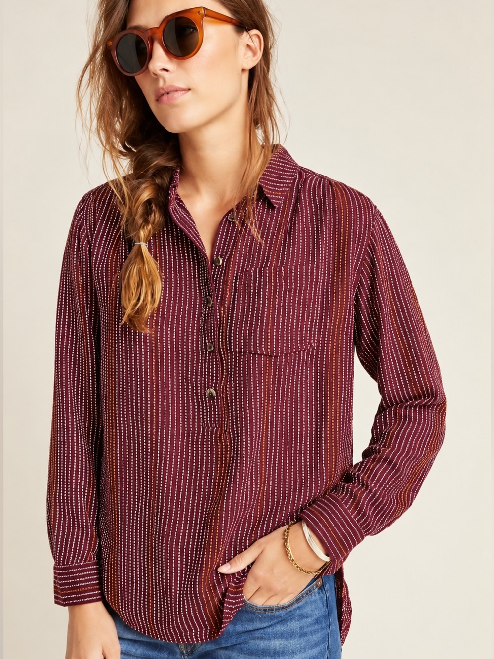 Anthropologie Isadora Button-Back Tunic Burgundy Striped Wool Blend XS